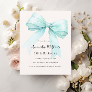 Teal green bow cream elegant birthday invitation