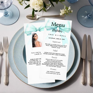 Teal green bow photo fun facts birthday menu card