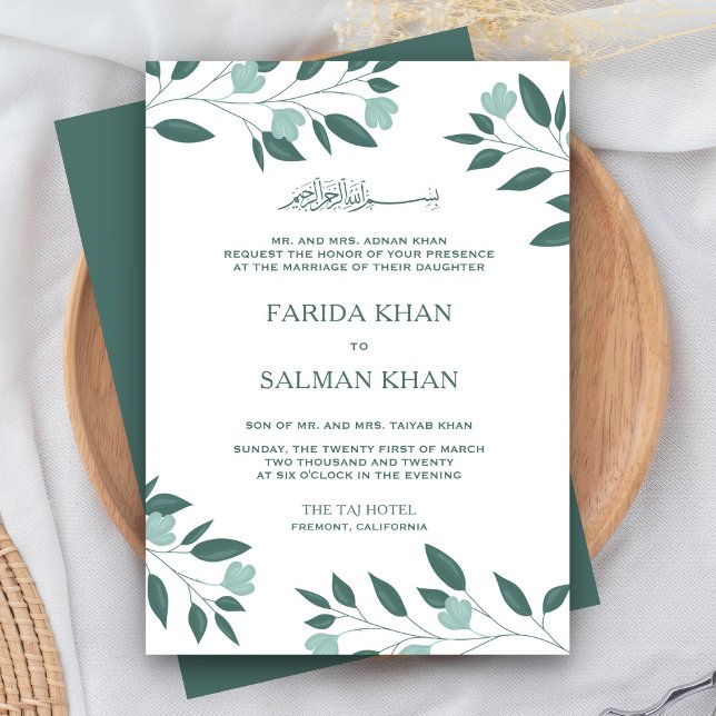 Teal Green Branch Islamic Muslim Wedding Invitation (Creator Uploaded)