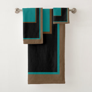 Teal Green Brown Black Block Pattern Bath Towel Set