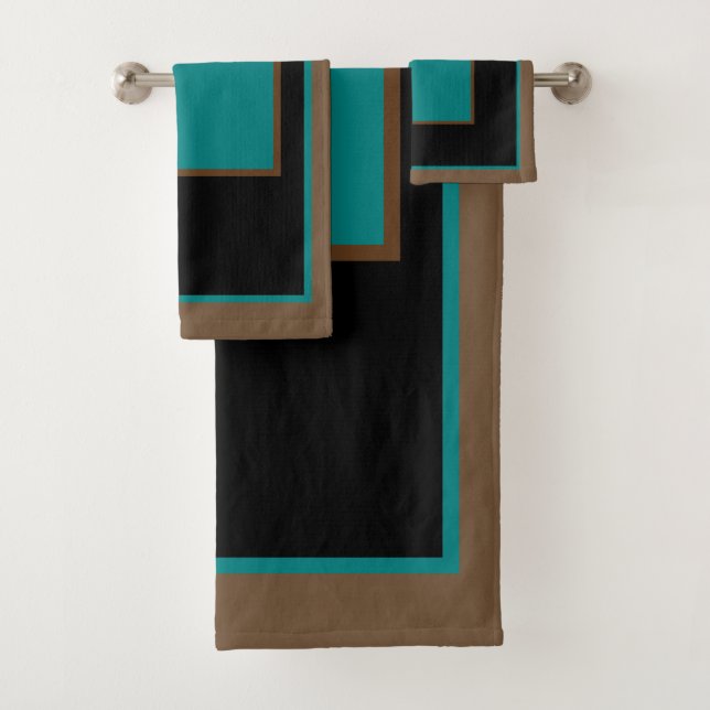 Teal Green Brown Black Block Pattern Bath Towel Set (Insitu)