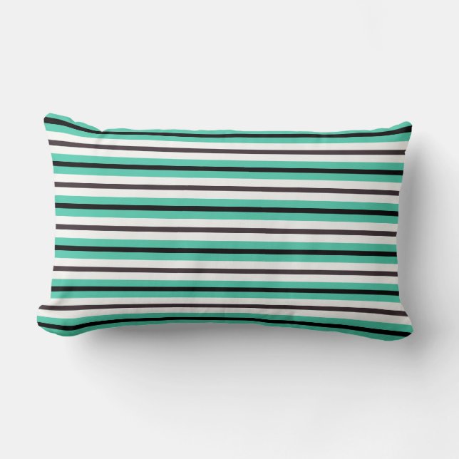 Teal Green Brown Black White Stripes Lumbar Cushion (Front)