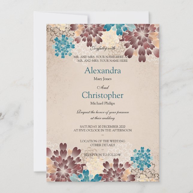 Teal Green, Brown & Ivory Flowers Retro Wedding S4 Invitation (Front)