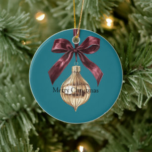 Teal Green Burgundy Bow Gold Ornament Christmas