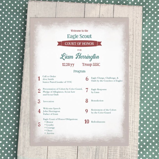 Teal Green, Burgundy Eagle Court of Honour Program Flyer (teal green and burgundy red eagle scout court of honor party ceremony program, event flyer)