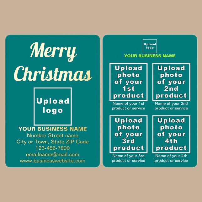 Teal Green Business Brand on Christmas (Teal green business brand with products or services on Christmas foil holiday card.)