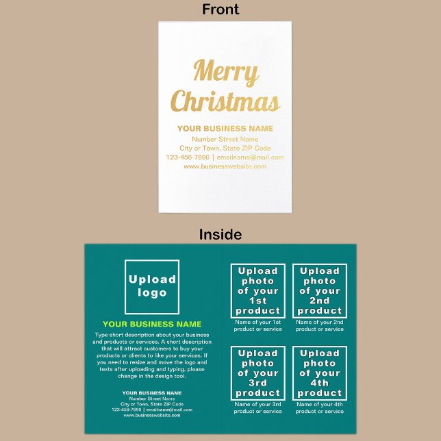 Teal Green Business Brand on Christmas Foil Card (Teal green business brand with products or services on Christmas folded foil card.)