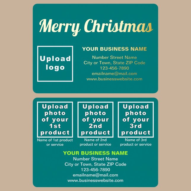Teal Green Business Brand on Christmas Rectangle (Teal green business brand with products or services on Christmas rectangle foil holiday card.)