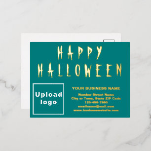 Teal Green Business Brand on Halloween Foil Holiday Postcard