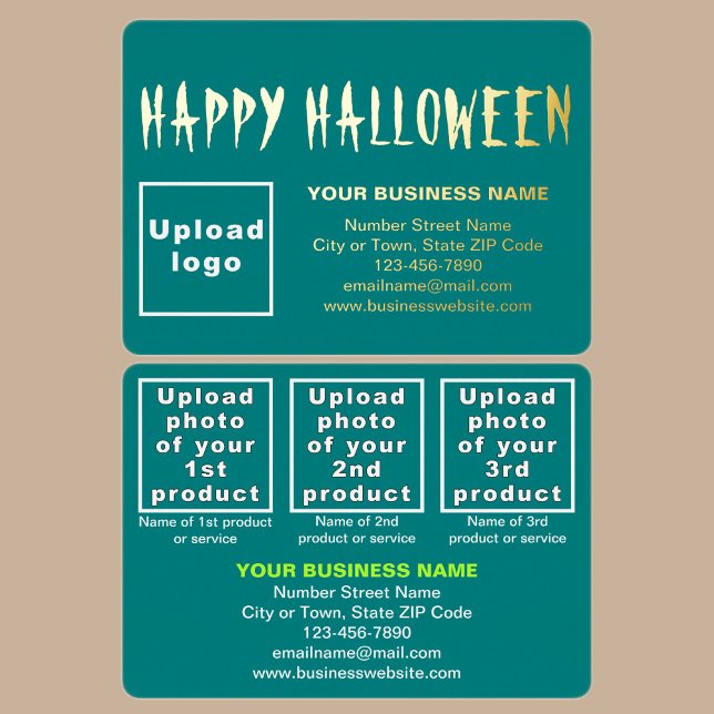 Teal Green Business Brand on Halloween Rectangle (Teal green business brand with products or services on Halloween rectangle foil holiday card.)