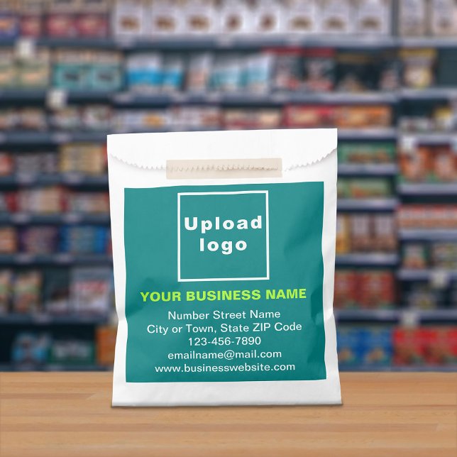 Teal Green Business Brand on Paper Bag (Paper bag with teal green business branding displayed in a store)
