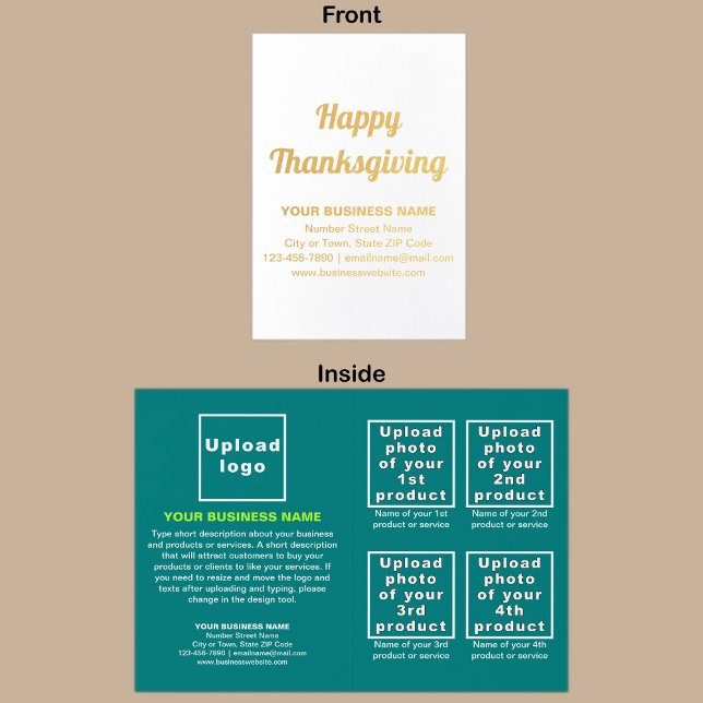 Teal Green Business Brand on Thanksgiving Foil Card (Teal green business brand with products or services on Thanksgiving folded foil card.)