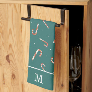 Teal Green Candy Cane Christmas Pattern Monogram Tea Towel
