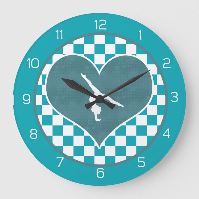 Teal Green Chequered Gymnastics Large Clock (Front)