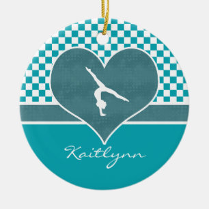 Teal Green Chequered Gymnastics with Monogram Ceramic Tree Decoration