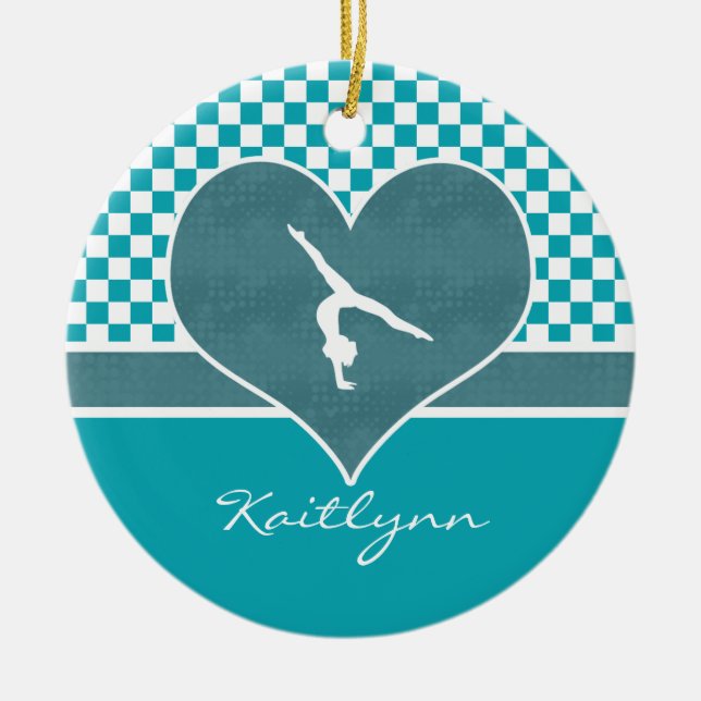 Teal Green Chequered Gymnastics with Monogram Ceramic Tree Decoration (Front)