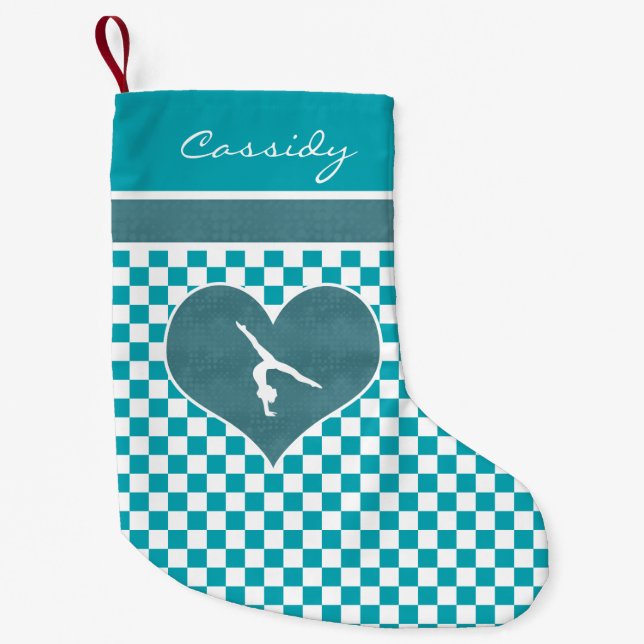 Teal Green Chequered Gymnastics with Monogram Small Christmas Stocking (Front)