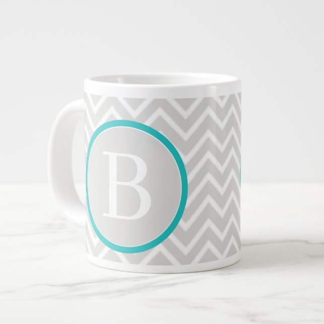Teal Green Chevron Monogram Giant Coffee Mug (Front Left)