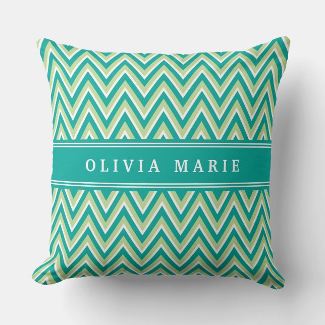 Teal Green Chevron Pattern with Name Cushion (Front)