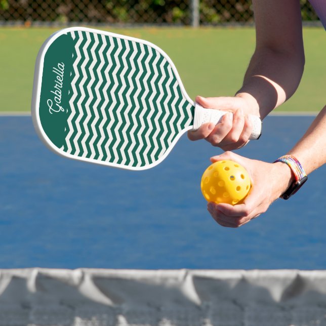 Teal Green Chevron zig zag stripe pattern Pickleball Paddle (Insitu)