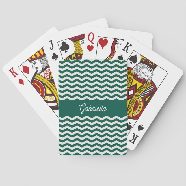 Teal Green Chevron zig zag stripe pattern Playing Cards (Back)