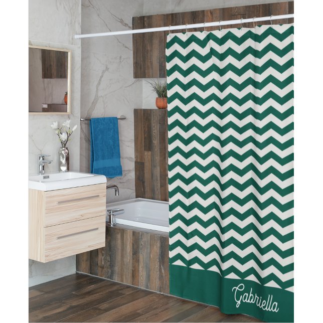 Teal Green Chevron zig zag stripe pattern Shower Curtain (Creator Uploaded)