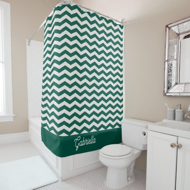 Teal Green Chevron zig zag stripe pattern Shower Curtain (In Situ)