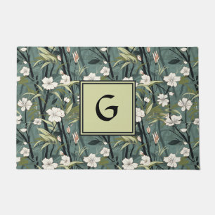 Teal Green Chinoiserie Floral White Initial Doormat