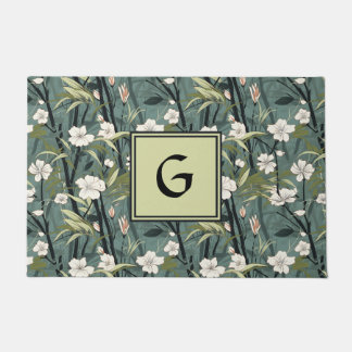 Teal Green Chinoiserie Floral White Initial  Doormat