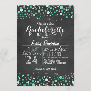 Teal Green Confetti Chalkboard Bachelorette Party Invitation