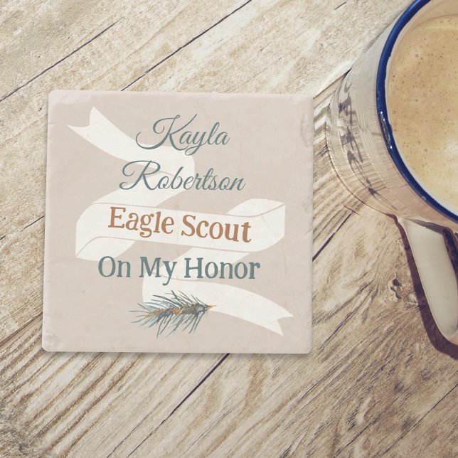 Teal Green, Copper, Beige Eagle Scout, On My Honor Stone Coaster (teal green copper eagle scout court of honor, rustic pine needles, personalized gift coaster)