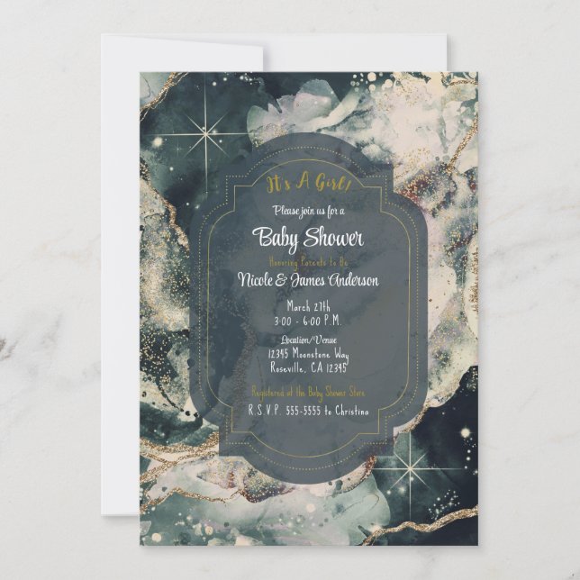 Teal Green Cosmic Watercolor Gold Celestial Baby Invitation (Front)