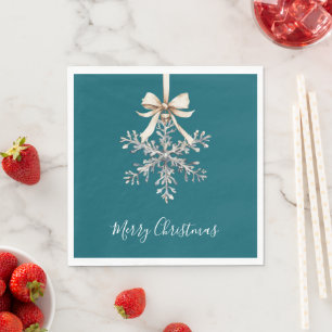 Teal Green Cream Bow Silver Snowflake Napkin