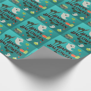 Teal Green Cute Halloween Ghost Cat Wrapping Paper