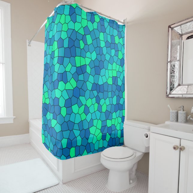Teal Green Cyan Blue Stained Glass Pattern Shower Curtain (In Situ)