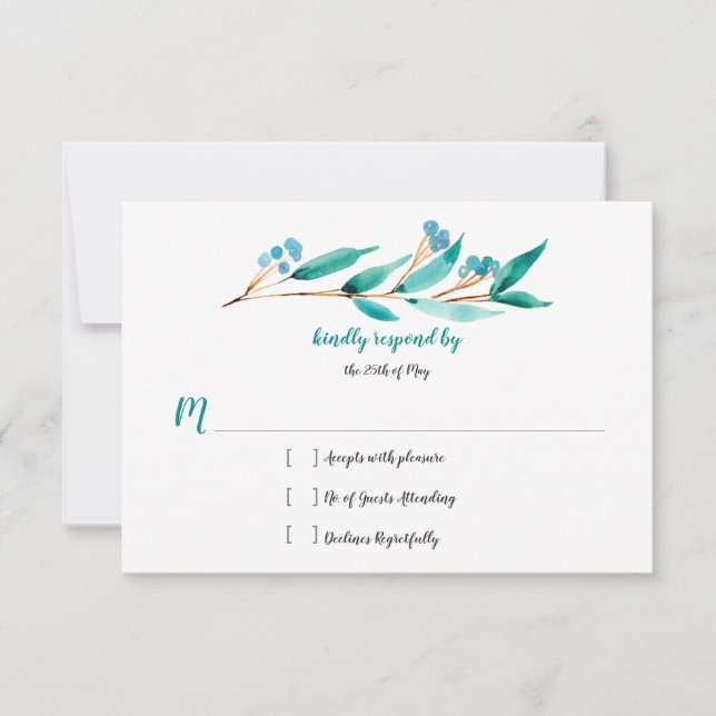 Teal Green Cypress Leaves and Berries RSVP Card (Front)