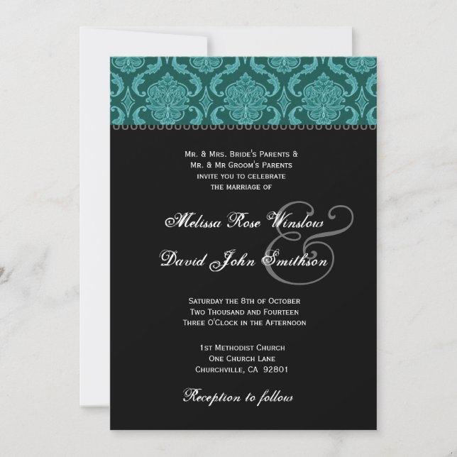 Teal Green Damask and Black Wedding Ver2 Invitation (Front)