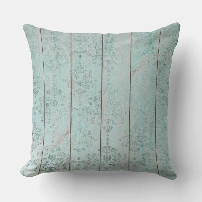 Teal Green Damask Metallic Wood Cottage Home Cushion (Front)