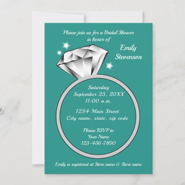 Teal green Diamond ring Bridal Shower Invitation (Front)