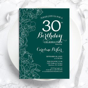 Teal Green Floral 30th Birthday Party Invitation