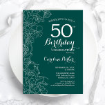 Teal Green Floral 50th Birthday Party Invitation<br><div class="desc">Green Floral 50th Birthday Party Invitation. Minimalist modern design featuring botanical outline drawings accents and typography script font. Simple trendy invite card perfect for a stylish female bday celebration. Can be customised to any age. Printed Zazzle invitations or instant download digital printable template.</div>