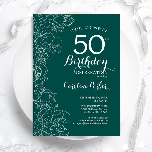 Teal Green Floral 50th Birthday Party Invitation (Creator Uploaded)