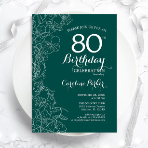 Teal Green Floral 80th Birthday Party Invitation