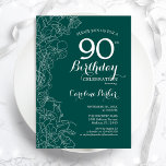 Teal Green Floral 90th Birthday Party Invitation<br><div class="desc">Green Floral 90th Birthday Party Invitation. Minimalist modern design featuring botanical outline drawings accents and typography script font. Simple trendy invite card perfect for a stylish female bday celebration. Can be customised to any age. Printed Zazzle invitations or instant download digital printable template.</div>