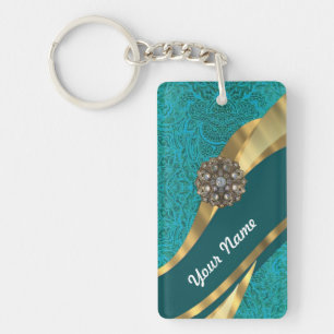 Teal green floral damask key ring