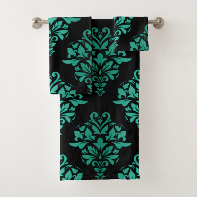 Teal Green Floral Damask Towel Set (Insitu)