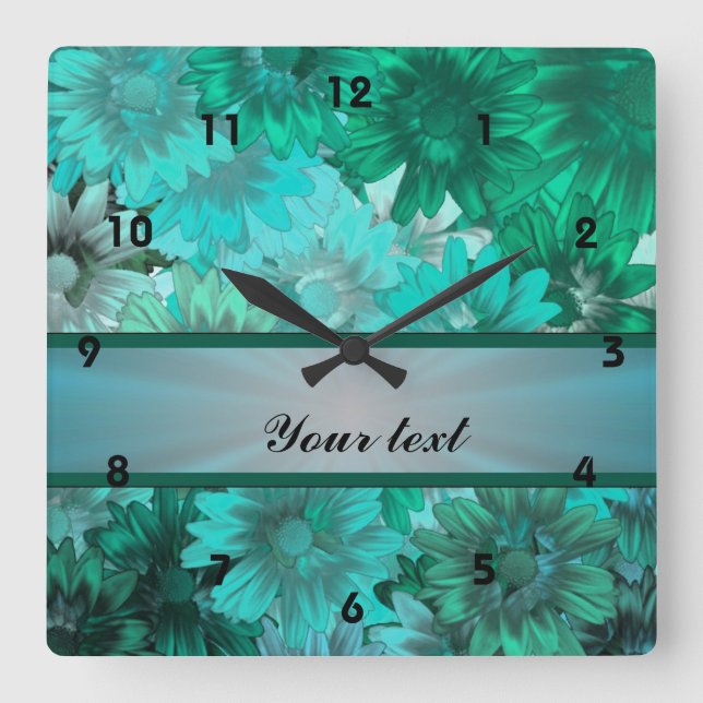 Teal green floral pattern square wall clock (Front)