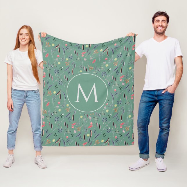 Teal Green Floral Personalised MONOGRAM Fleece Blanket (In Situ)