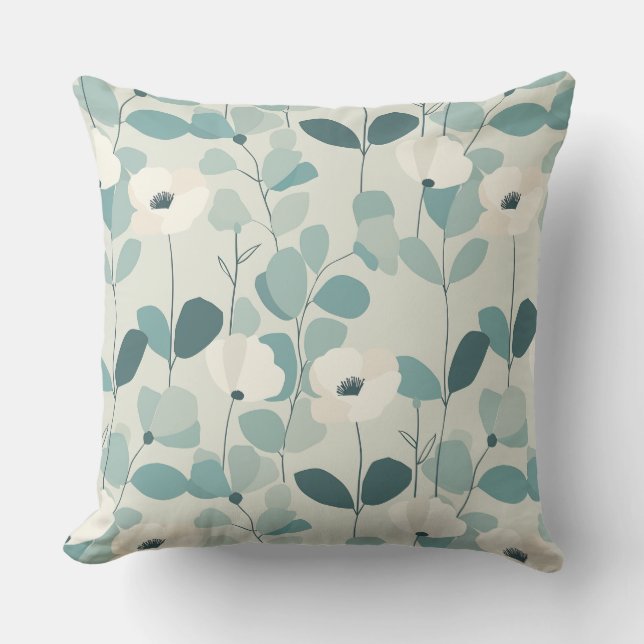 Teal Green Floral Throw Pillow (Front)
