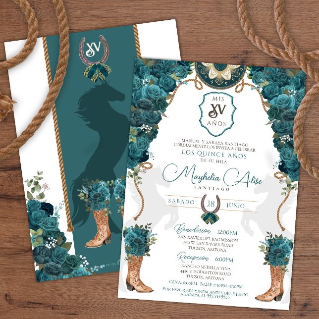 Teal Green Floral Western Charro Quinceañera Invitation (Creator Uploaded)